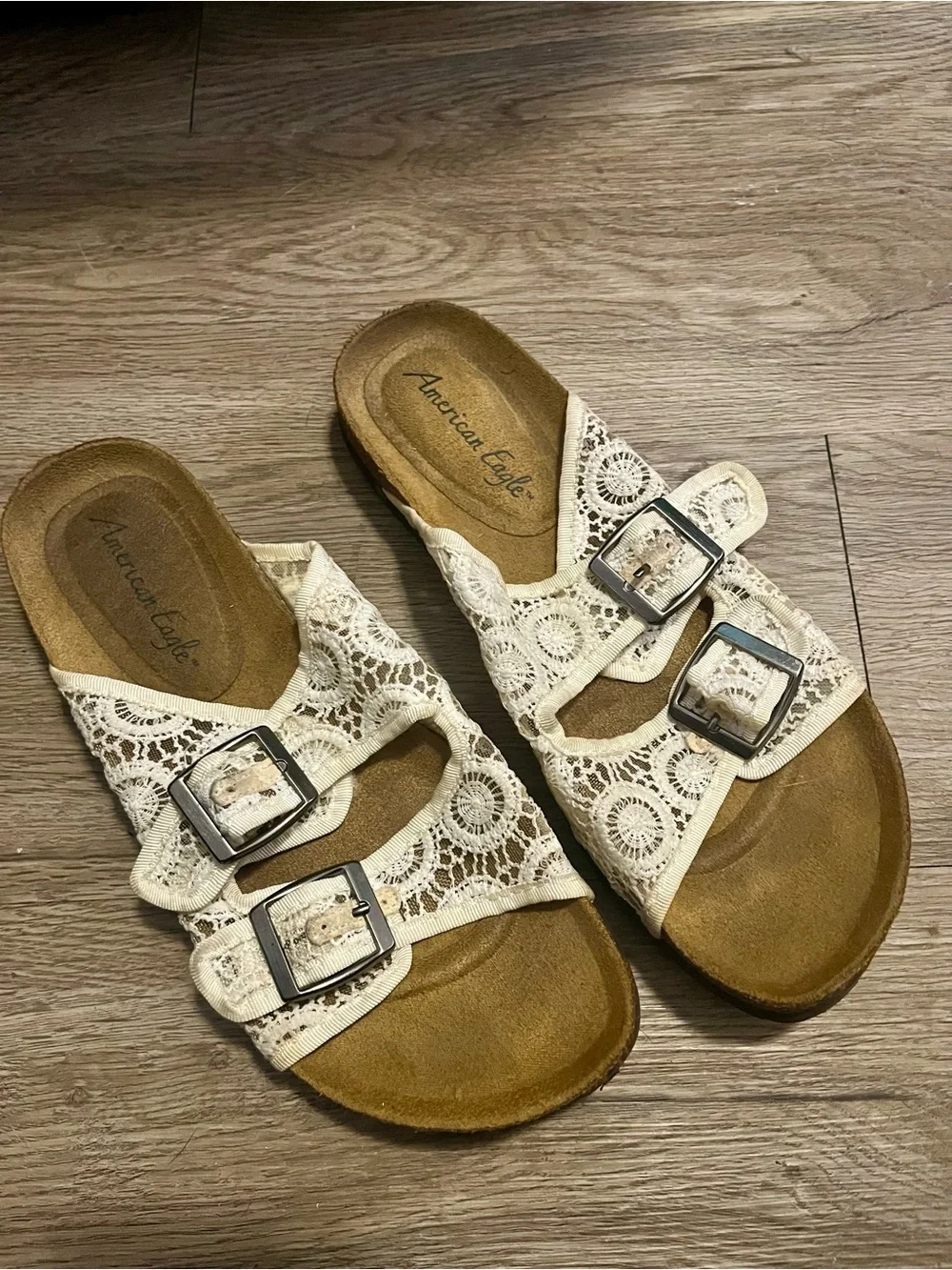 American Eagle Outfitters Cream Lace Crochet Double-Buckle Slide Sandals